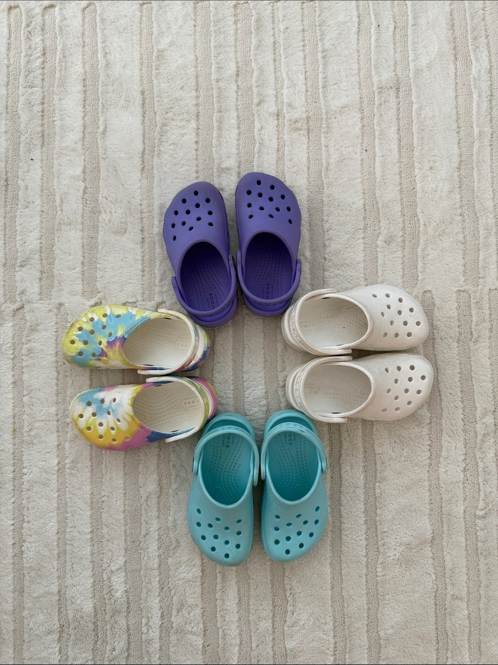 CROCS Kids Bundle: Tie-Dye, Purple, Teal & White Classic Clogs